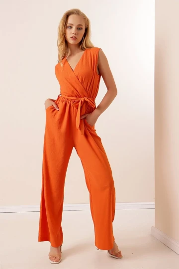 Kadın Oranj Beli Lastikli Derin Kruvaze V Yaka Kemerli Örme Tulum HZL22S-BD170211