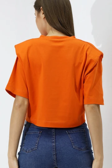 Kadın Oranj Yazı Baskılı Oversize Vatkalı  Bel Detay Örme T-Shirt  HZL23S-DSB120231