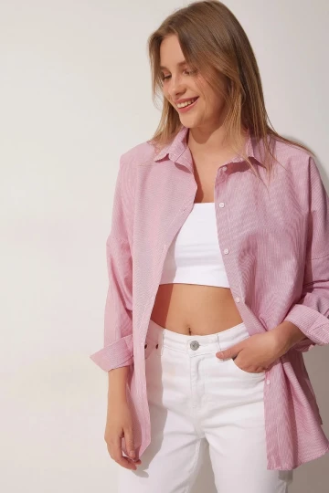 Kadın Pembe Çizgili  Oversize Poplin Gömlek HZL23S-BD1201751