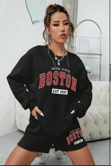 Kadın Siyah 3 İplik Şardonlu Boston Baskılı Şort Sweatshirt Alt Üst Takım  HZL24W-FRY121221