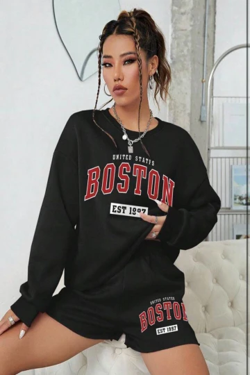 Kadın Siyah 3 İplik Şardonlu Boston Baskılı Şort Sweatshirt Alt Üst Takım  HZL24W-FRY121221