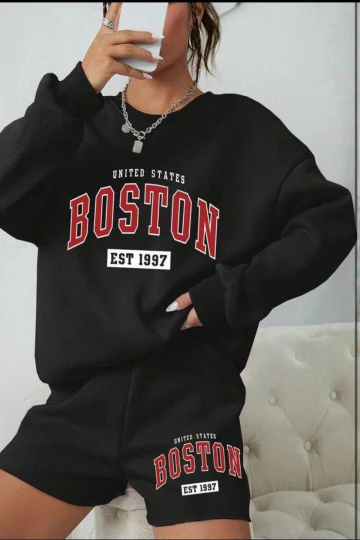 Kadın Siyah 3 İplik Şardonlu Boston Baskılı Şort Sweatshirt Alt Üst Takım  HZL24W-FRY121221