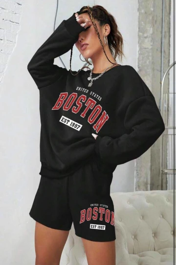 Kadın Siyah 3 İplik Şardonlu Boston Baskılı Şort Sweatshirt Alt Üst Takım  HZL24W-FRY121221