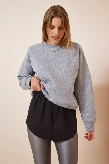 Kadın Siyah Beli Lastikli Düğme Detaylı Kazak ve Sweatshirt Altı Etek Poplin Gömlek HZL23S-BD118881