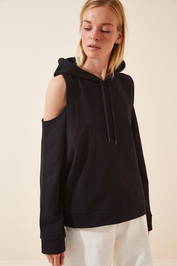 Kadın Siyah Kapüşonlu Pencereli Mevsimlik Sweatshirt HZL22W-BD1237