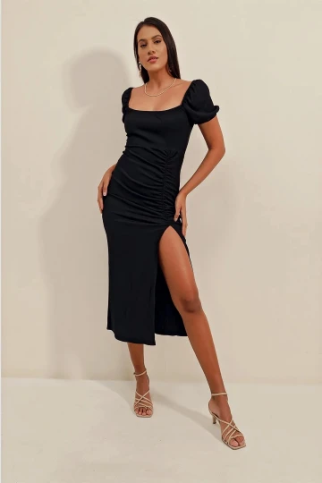 Kadın Siyah Yırtmaçlı Yazlık Örme Elbise HZL23S-BD123961