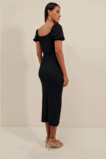 Kadın Siyah Yırtmaçlı Yazlık Örme Elbise HZL23S-BD123961