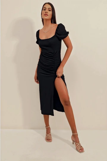 Kadın Siyah Yırtmaçlı Yazlık Örme Elbise HZL23S-BD123961