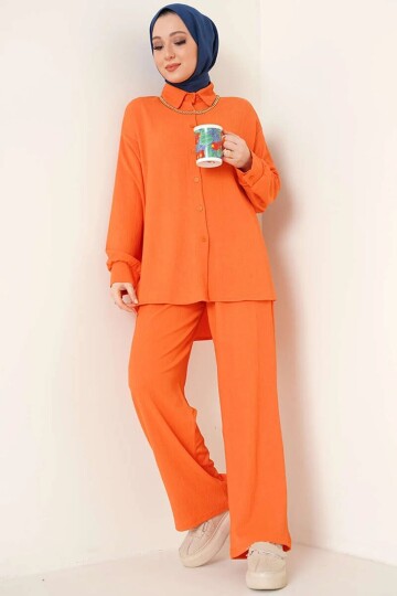 Kadın Tesettür Oranj Oversize Alt-Üst İkili Örme Takım HZL23W-BD158591