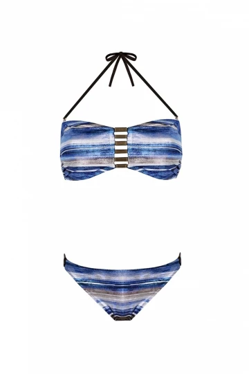 ZEKİ Kadın Parlak Efektli Mavi, Ayarlanabilir Askılı Straplez Bikini Takımı HZL23S-ZK110641