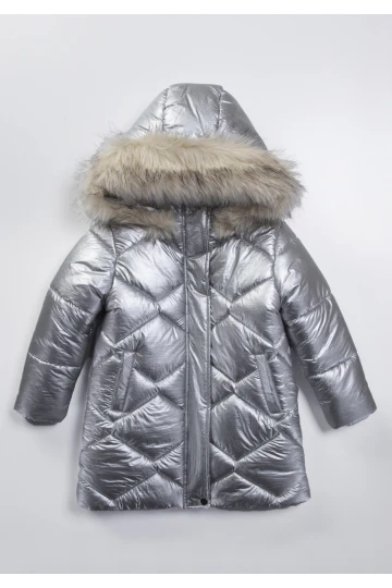 Çocuk Gri Çift Cepli 6-9 Yaş Kışlık İçi Polar Astarlı Kapüşonü Kürklü Şişme Mont HZL24W-MDM1223761