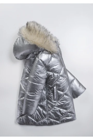 Çocuk Gri Çift Cepli 6-9 Yaş Kışlık İçi Polar Astarlı Kapüşonü Kürklü Şişme Mont HZL24W-MDM1223761