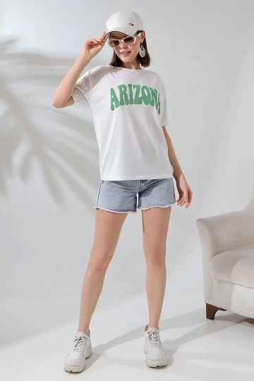 Kadın Beyaz Yeşil Arizona Baskılı Bisiklet Yaka T-Shirt HZL24S-DSB120261