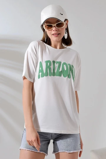 Kadın Beyaz Yeşil Arizona Baskılı Bisiklet Yaka T-Shirt HZL24S-DSB120261