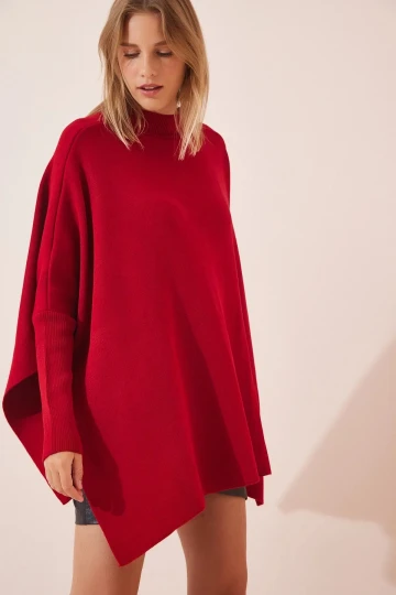 Kadın Bordo Oversize Yırtmaçlı Panço Triko Kazak  HZL23W-BD1100761