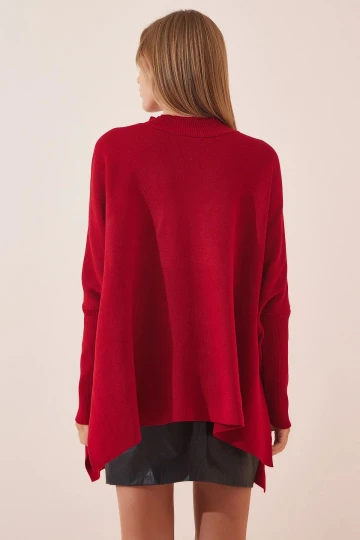 Kadın Bordo Oversize Yırtmaçlı Panço Triko Kazak  HZL23W-BD1100761