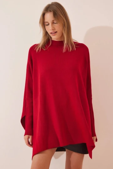 Kadın Bordo Oversize Yırtmaçlı Panço Triko Kazak  HZL23W-BD1100761