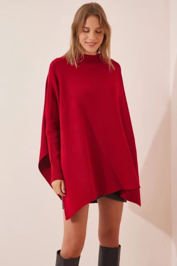 Kadın Bordo Oversize Yırtmaçlı Panço Triko Kazak  HZL23W-BD1100761