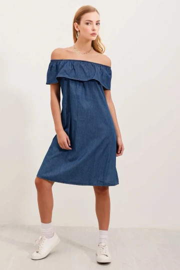 Kadın Denim Kolsuz Omzu Açık Carmen Yaka Jean Elbise HZL24S-BD114811