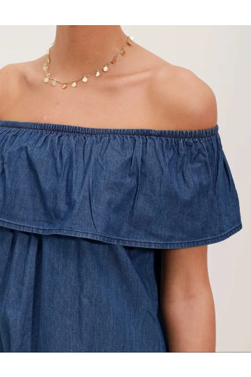 Kadın Denim Kolsuz Omzu Açık Carmen Yaka Jean Elbise HZL24S-BD114811