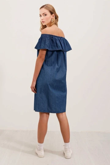 Kadın Denim Kolsuz Omzu Açık Carmen Yaka Jean Elbise HZL24S-BD114811