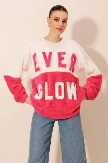 Kadın Fuşya Beyaz Blok EVER SLOW Baskılı Rahat Peluş Sweatshirt HZL23W-BD1554781