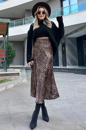 Kadın Kahverengi Leopar Desenli Saten Yüzeyli Beli Lastikli Midi Boy Etek Hzl23s-bd1101471