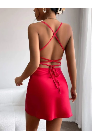 Kadın Kırmızı Saten Kumaş Sırt Dekolteli Mini Elbise HZL24S-FRY120541