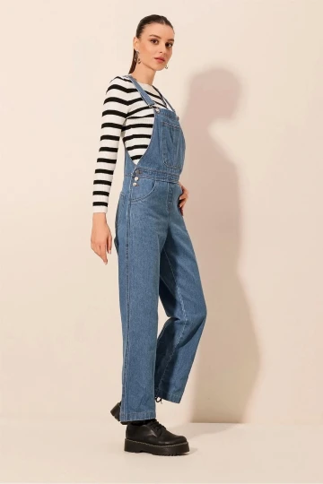 Kadın Mavi Ayarlanabilir Askılı Cepli Yandan Düğmeli Salopet Jean Tulum HZL24W-BD170241