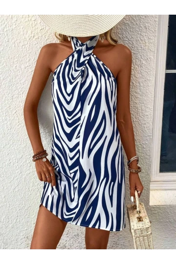 Kadın Mavi Beyaz Boyundan Bağlamalı Mosskrep Dijital Baskılı Astarsız Mini Elbise HZL25S-FRY120971