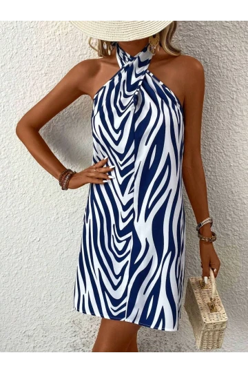 Kadın Mavi Beyaz Boyundan Bağlamalı Mosskrep Dijital Baskılı Astarsız Mini Elbise HZL25S-FRY120971