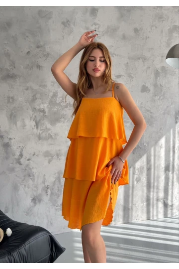 Kadın Oranj İnce Askılı Katlı İthal Keten Elbise HZL24S-FRY121831