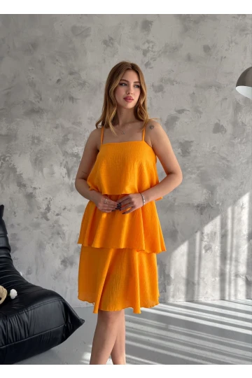 Kadın Oranj İnce Askılı Katlı İthal Keten Elbise HZL24S-FRY121831