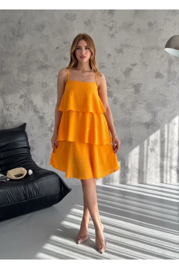 Kadın Oranj İnce Askılı Katlı İthal Keten Elbise HZL24S-FRY121831