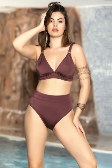 Kadın Bordo Metal Askı Aksesuarlı Yüksel Bel Bikini Takım HZL24S-AR1755