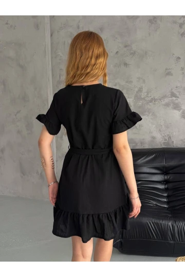 Kadın Siyah Beli Kuşaklı Kolu Fırfırlı İthal Keten Elbise HZL24S-FRY121891