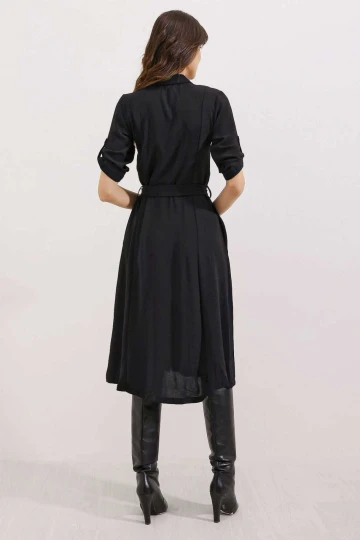 Kadın Siyah Gizli Cepli Kuşaklı Viskon Gömlek Elbise HZL24S-BD124421