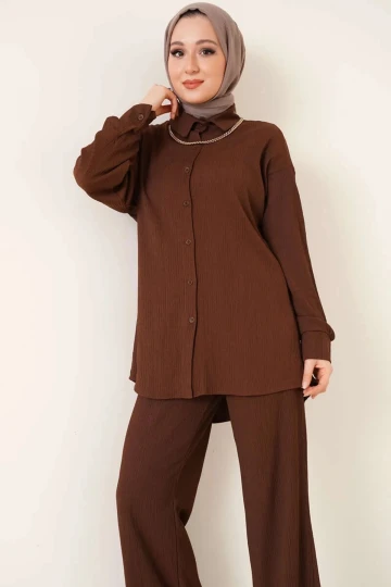 Kadın Tesettür Çikolata Geniş Kalıp Alt-Üst İkili Örme Takım HZL24W-BD158581