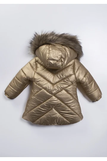 Kız Çocuk Gold Çift Cepli 2-9 Yaş Kışlık İçi Polar Astarlı Kapüşonu Kürklü Şişme Mont HZL24W-MDM1224001