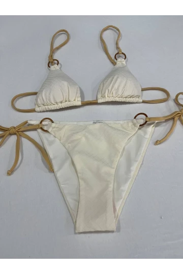 Kadın Açık Krem Halka Detaylı İp Bağlamalı Astarlı Bikini Takım HZL25S-AR1617