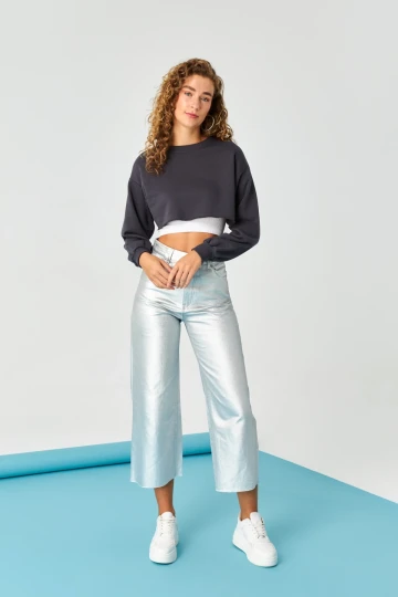 Kadın Antrasit Basic Bisiklet Yaka Uzun Kollu Crop Sweatshirt HZL24W-ZK11351