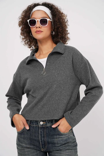 Kadın Antrasit Yakası Fermuarlı Örme Sweatshirt HZL25W-BD1554491