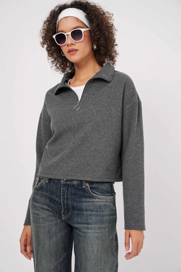 Kadın Antrasit Yakası Fermuarlı Örme Sweatshirt HZL25W-BD1554491