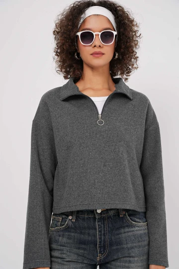 Kadın Antrasit Yakası Fermuarlı Örme Sweatshirt HZL25W-BD1554491