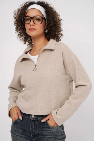 Kadın Bej Yakası Fermuarlı Örme Sweatshirt HZL25W-BD1554491