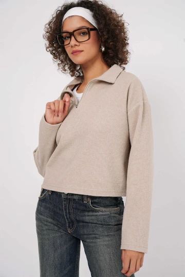 Kadın Bej Yakası Fermuarlı Örme Sweatshirt HZL25W-BD1554491