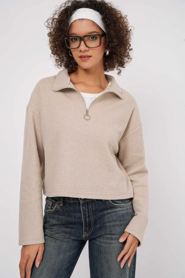 Kadın Bej Yakası Fermuarlı Örme Sweatshirt HZL25W-BD1554491