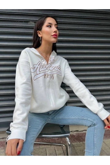 Kadın Beyaz Baskılı Kapüşonlu Fermuarlı Oversize Sweatshirt HZL24W-ZK12741