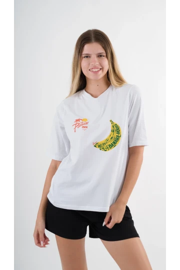 Kadın Beyaz Sarı Banana House Baskılı Bisiklet Yaka T-Shirt HZL24S-YY302