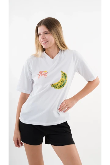 Kadın Beyaz Sarı Banana House Baskılı Bisiklet Yaka T-Shirt HZL24S-YY302